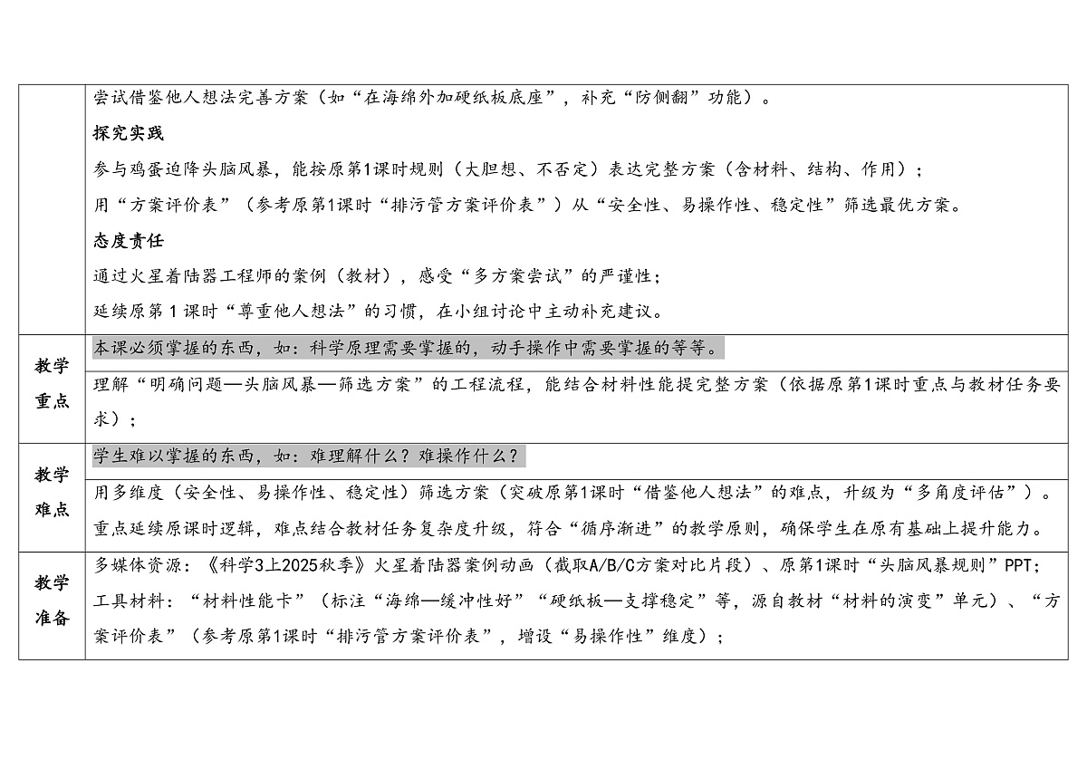 专项学习《像工程师那样》第一课时 表格式教案 2025-2026学年苏教版科学三年级上册第2页