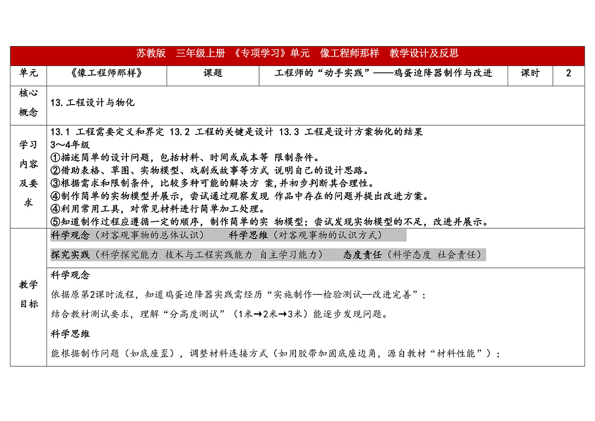 专项学习《像工程师那样》第二课时 表格式教案 2025-2026学年苏教版科学三年级上册第1页