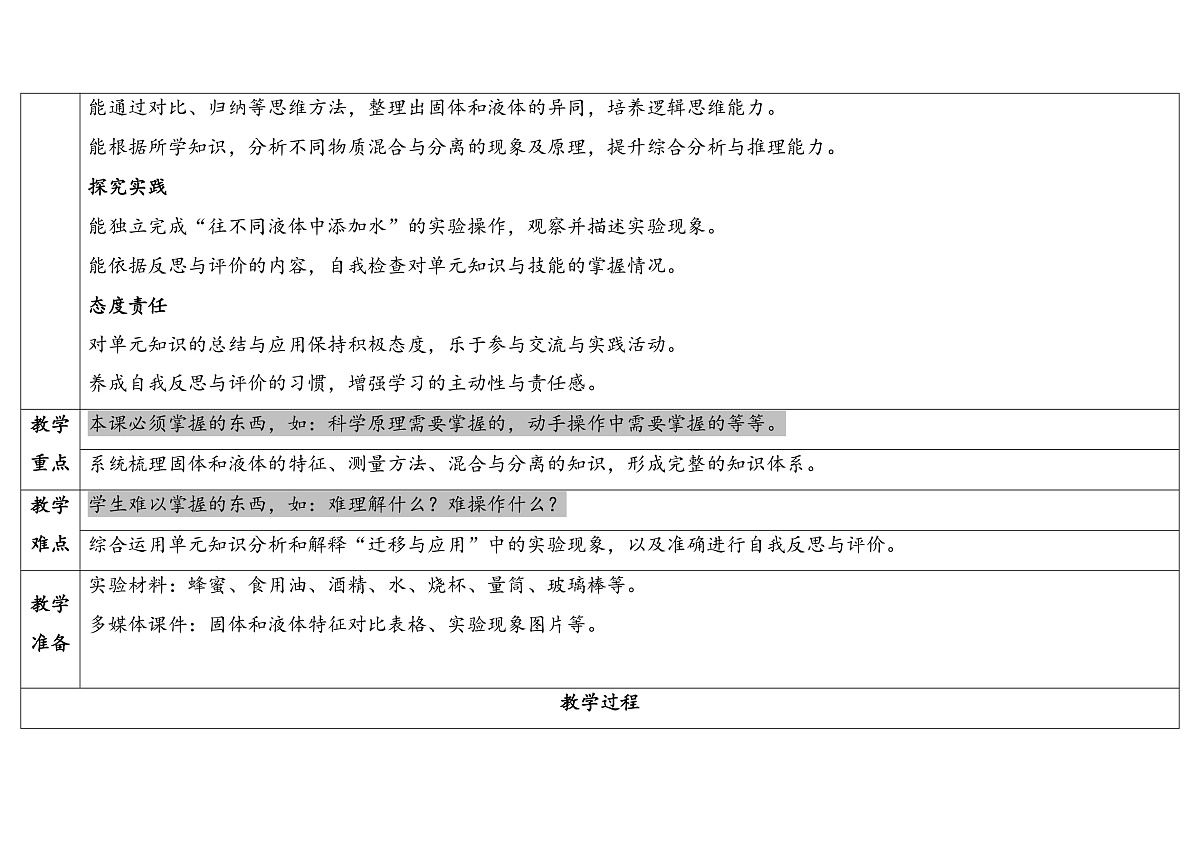 《固体和液体》单元小结 表格式教案 2025-2026学年苏教版科学三年级上册第2页