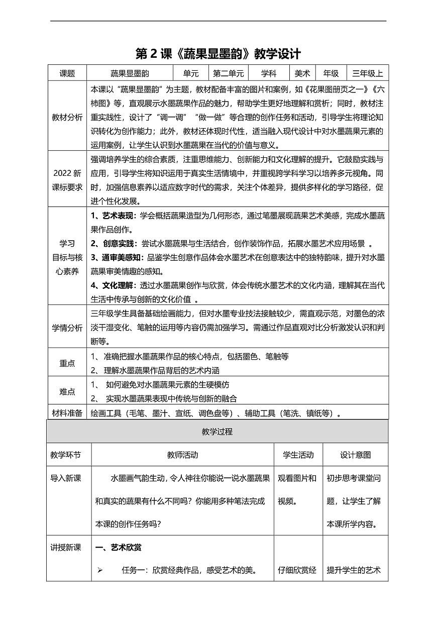 【人美版】美术 三年级上册 第2单元 第2课《蔬果显墨韵》教案第1页