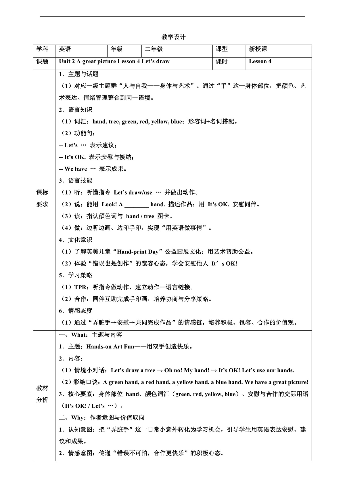 人教版PEP 2A Unit 2 A great picture Lesson 4 教案第1页