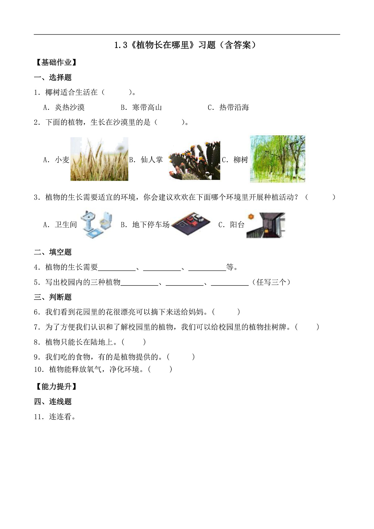 1.3 植物长在哪里（分层作业）科学教科版一年级上册（新教材）第1页