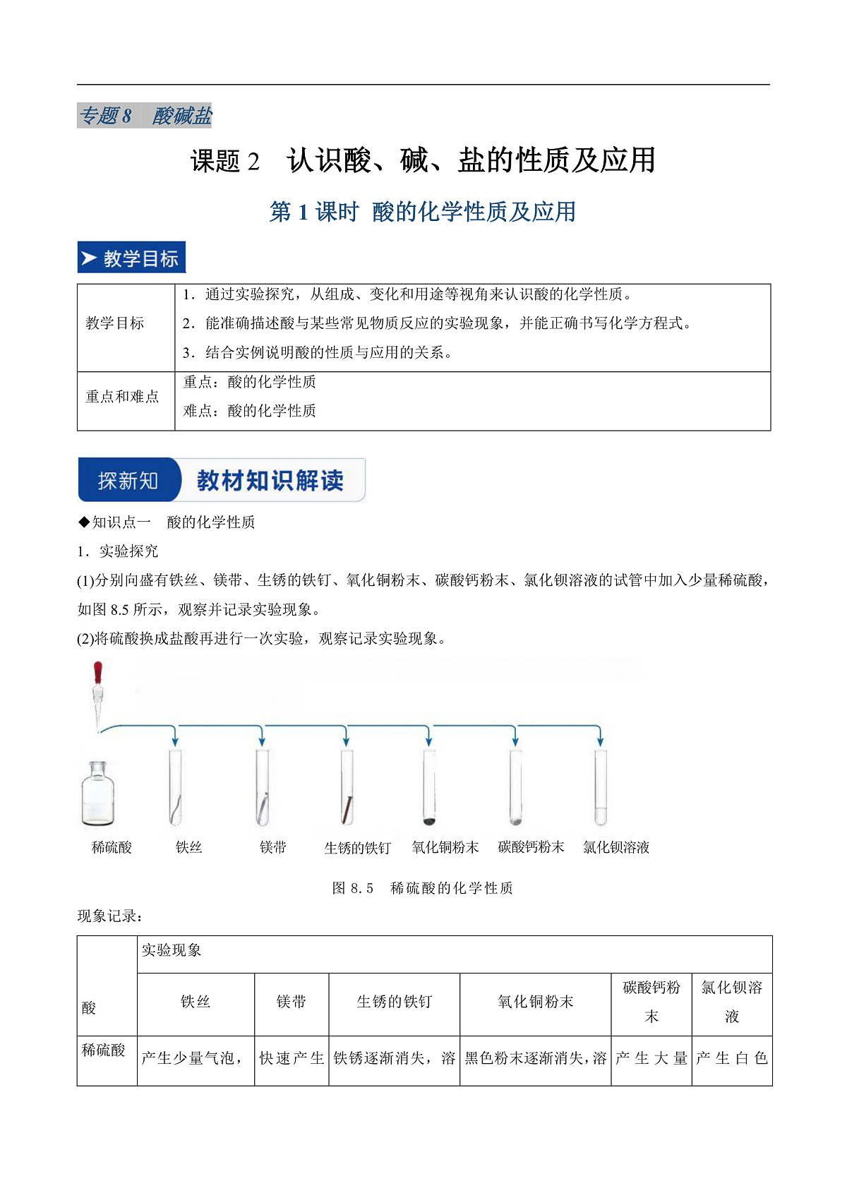 课题2 认识酸、碱、盐的性质及应用 第1课时  （同步讲义）（解析版）第1页
