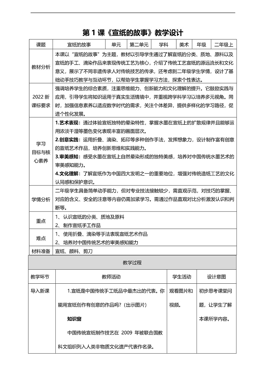 【人美版】美术 二年级上册 第二单元 第1课《宣纸的故事》核心素养教学设计第1页