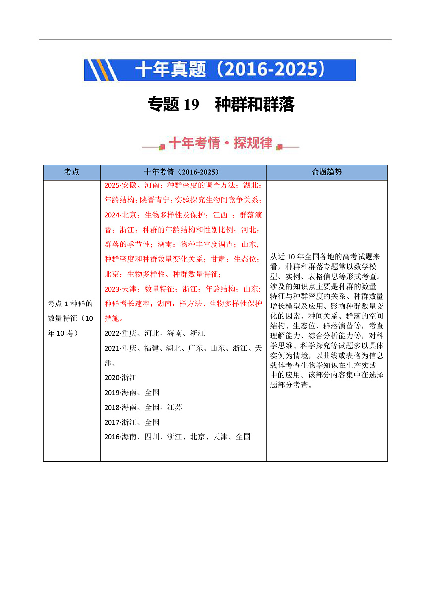 专题19 种群和群落（原卷版）第1页