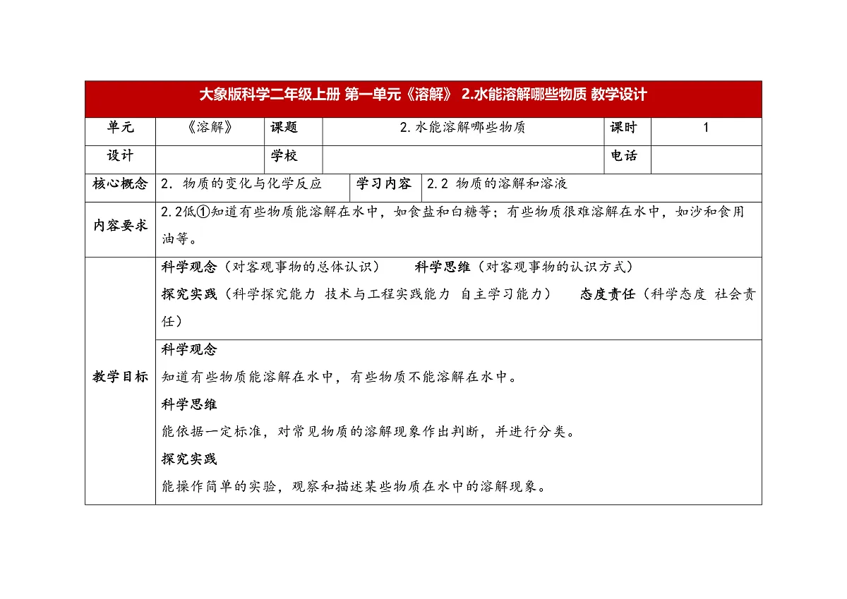 1.2《水能溶解哪些物质》教学设计 2025-2026学年大象版二年级科学上册第1页
