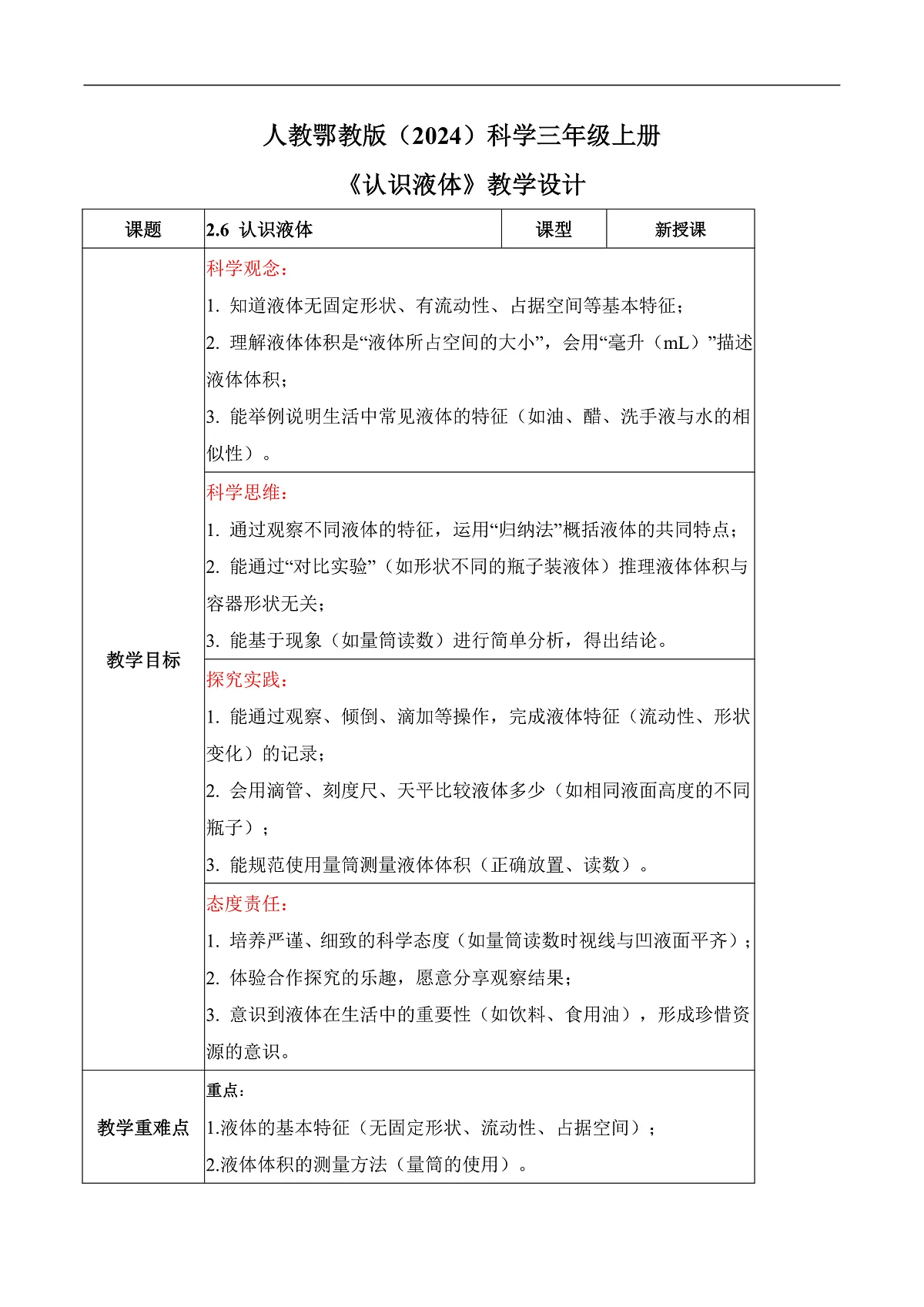 2.6 认识液体（教学设计）科学人教鄂教版三年级上册（新教材）第1页