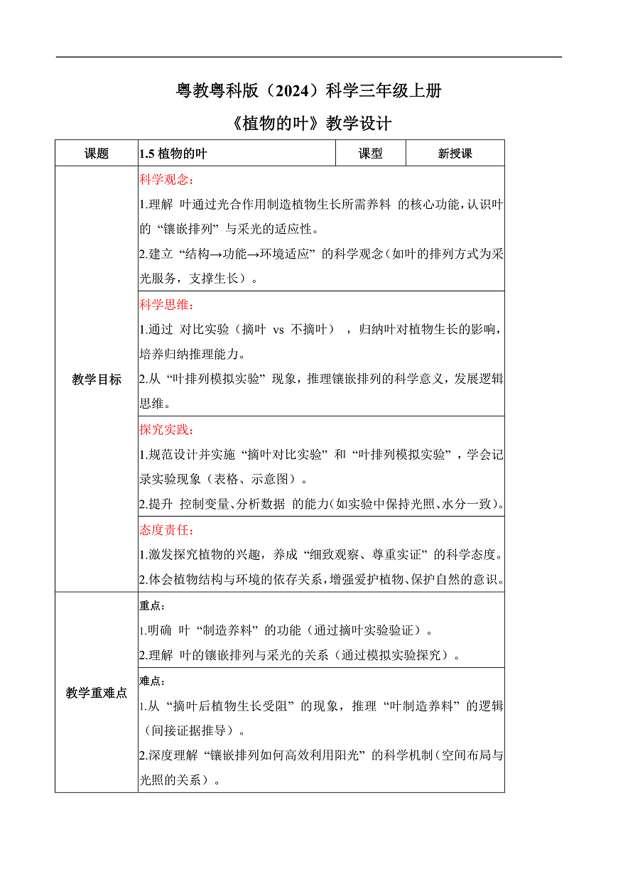 1.5 植物的叶（教学设计）科学粤教粤科版三年级上册（新教材）第1页