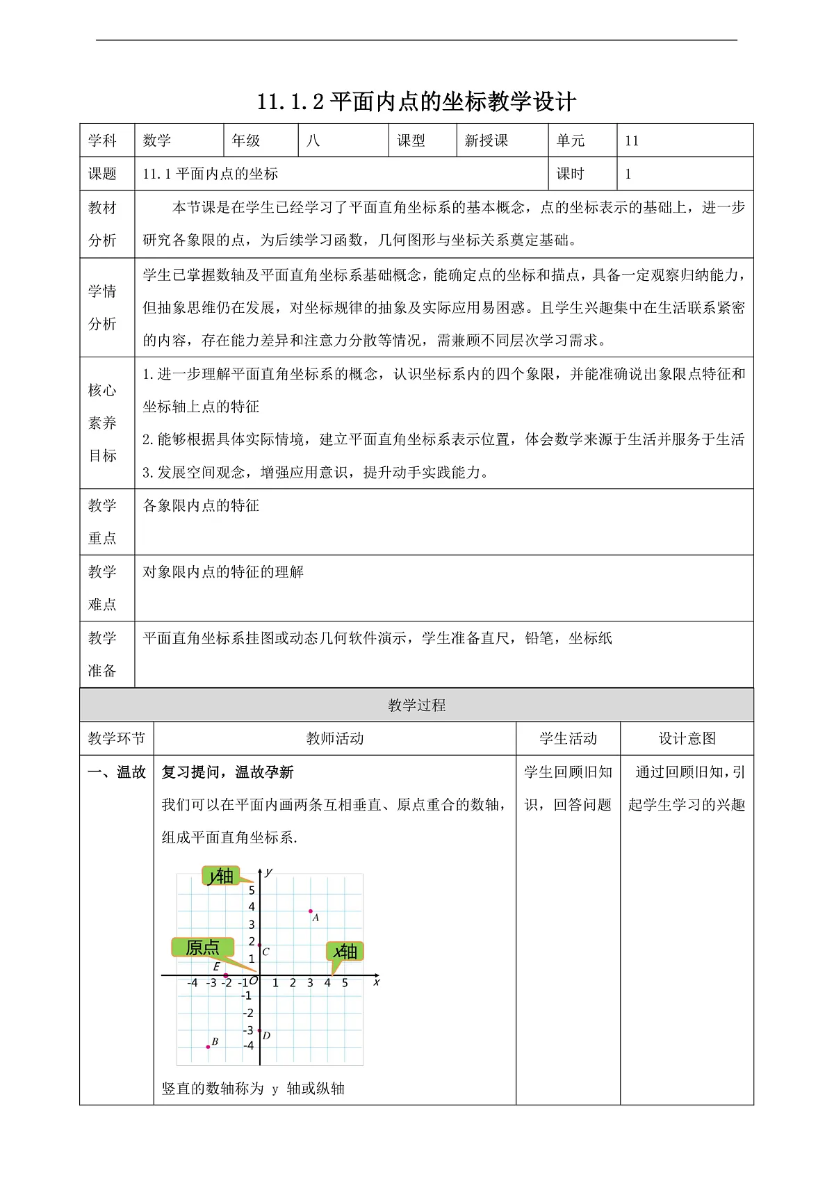 11.1.2平面内点的坐标教学设计第1页