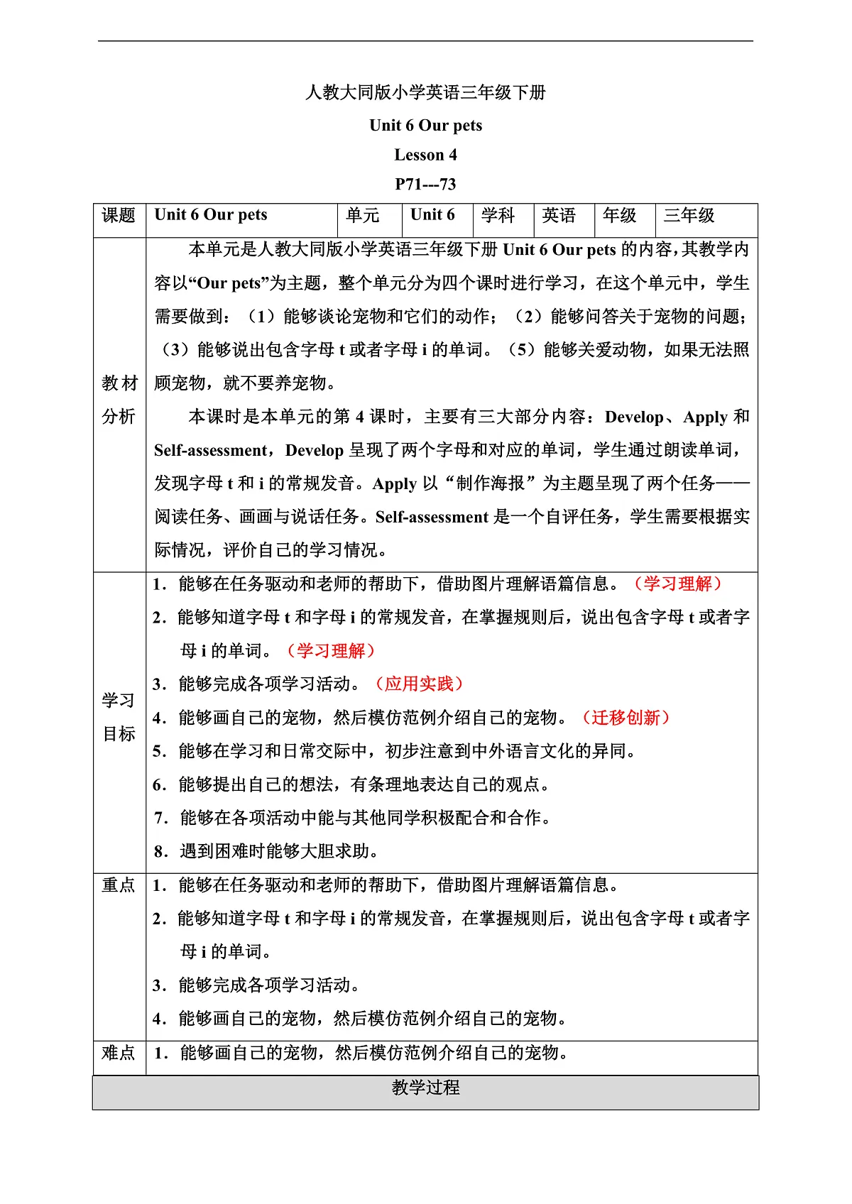 人教大同版 3B Unit 6 Our pets Lesson 4 教案第1页