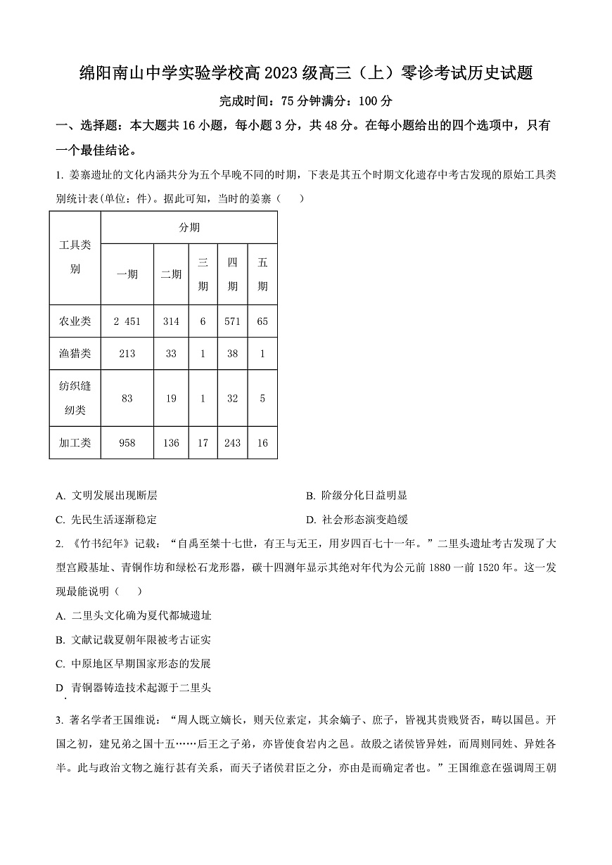 绵阳南山中学实验学校2025-2026学年高三上学期9月月考 历史第1页