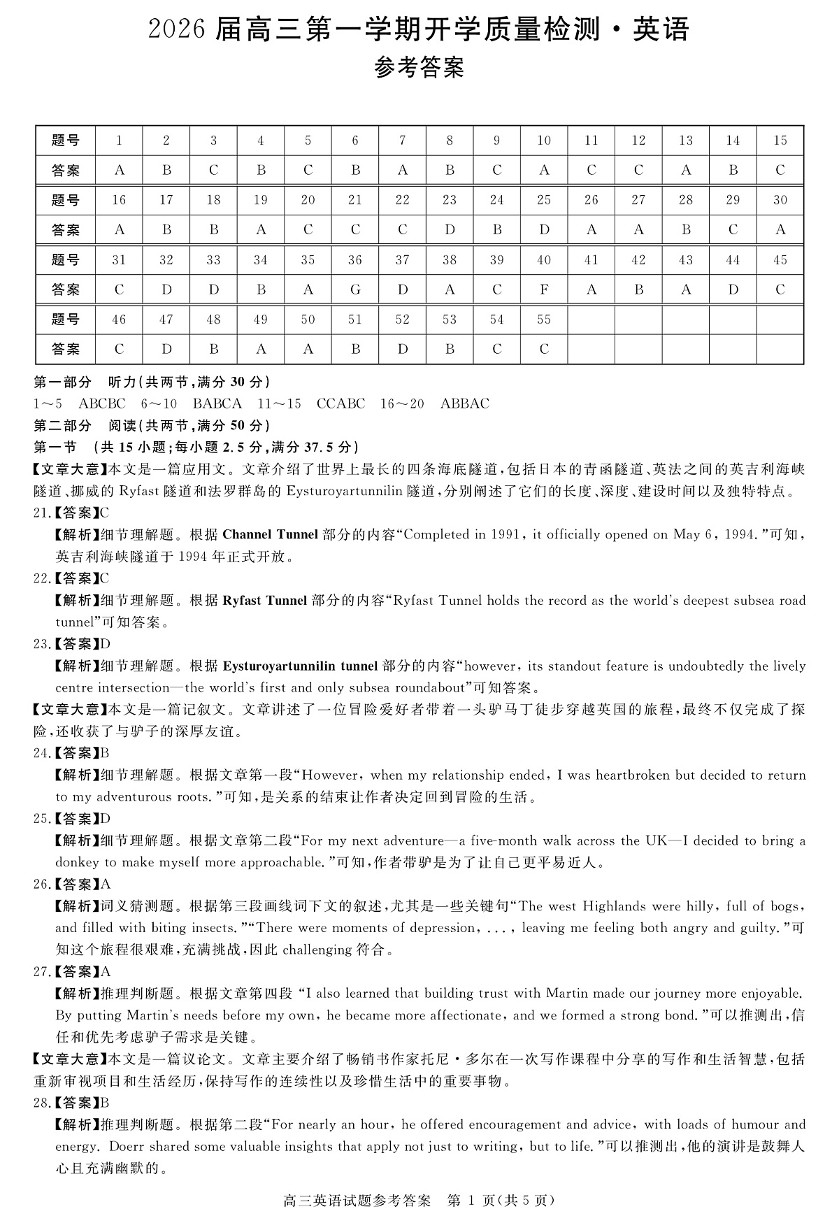 安徽省华师联盟2026届高三9月开学联考 英语详解版答案第1页