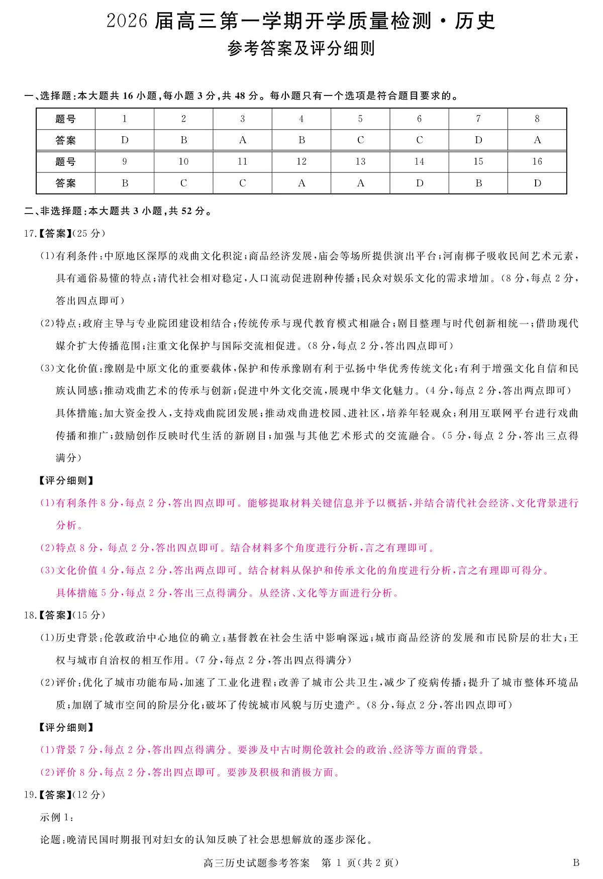 安徽省华师联盟2026届高三9月开学联考 历史评分细则第1页