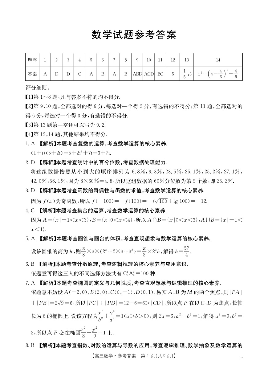 重庆市部分学校2026届高三9月开学联考 数学答案第1页