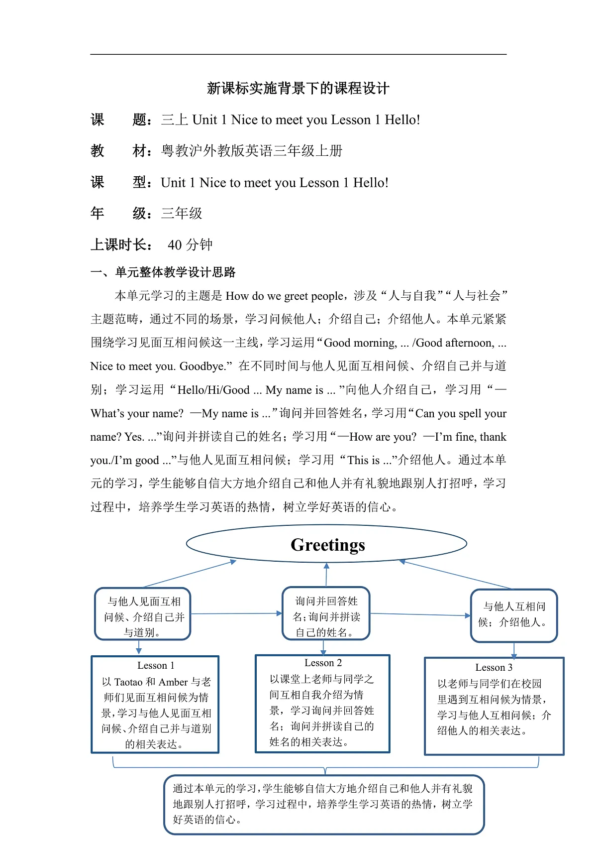 粤教沪外教版三上 Unit 1 Lesson 1 Hello! 单元教学设计第1页