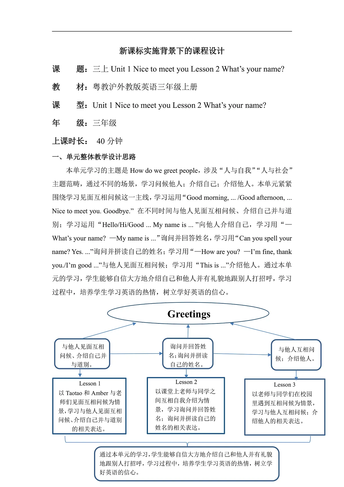 粤教沪外教版三上 Unit 1 Lesson 2 What's your name？单元教学设计第1页