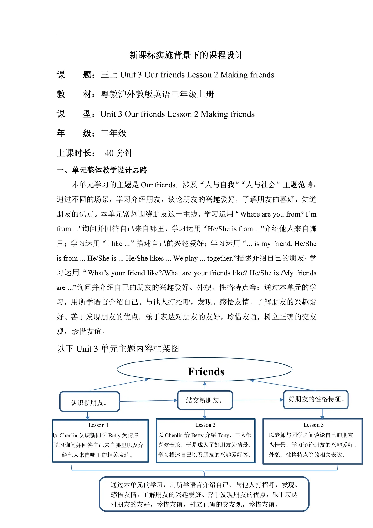 粤教沪外教版三上 Unit 3 Lesson 2 Making friends 单元教学设计第1页