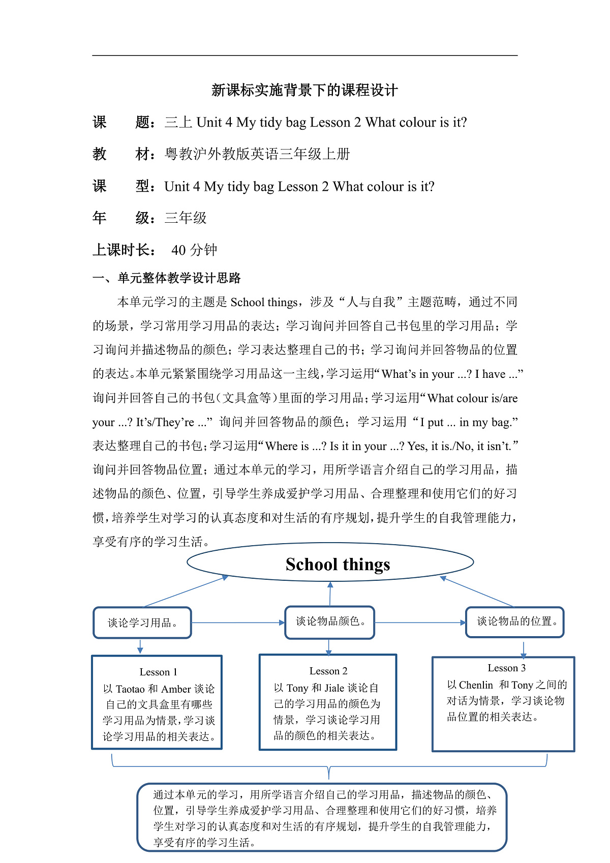 粤教沪外教版三上 Unit 4 Lesson 2 What colour is it？单元教学设计第1页
