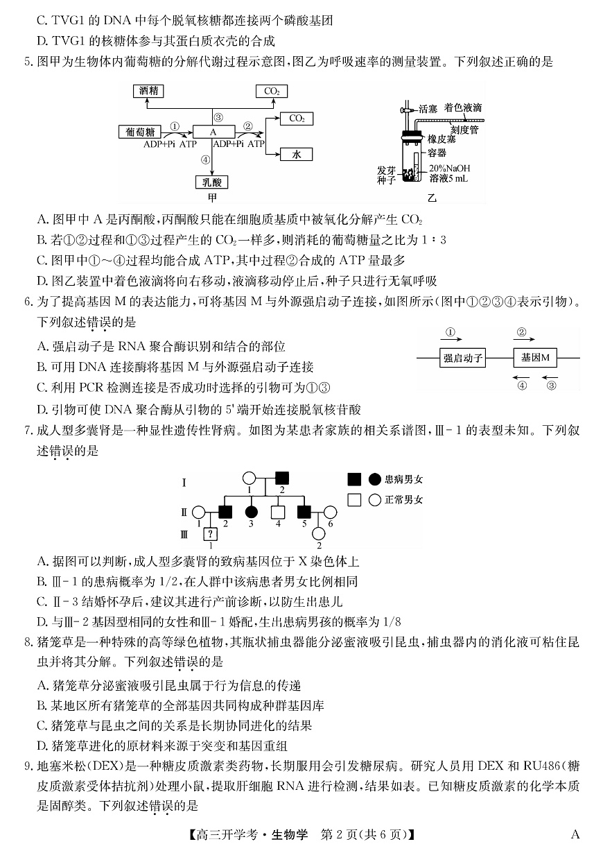 安徽省九师联盟2026届高三9月开学联考 生物第2页