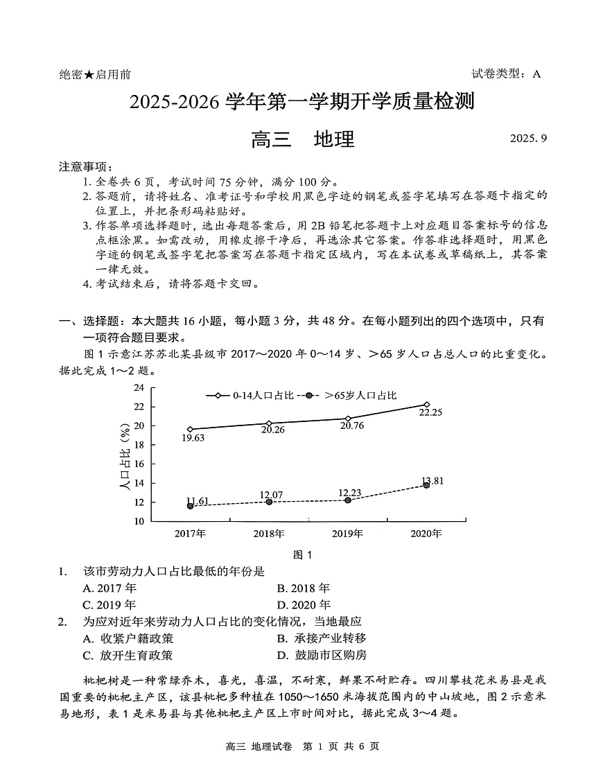 深圳市罗湖区2025-2026学年高三第一学期开学质量检测 地理第1页