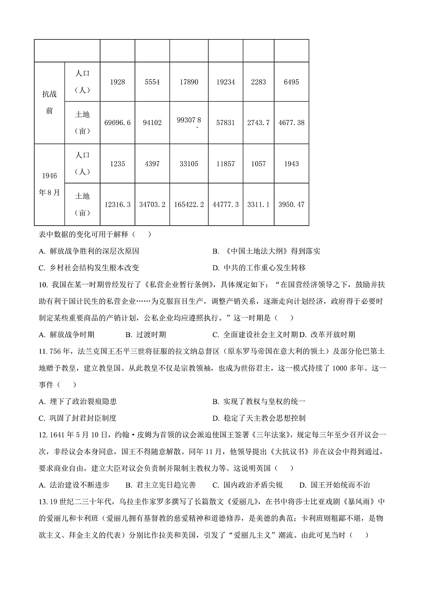 山东省济南市2025-2026学年高三上学期开学摸底考试历史试题  Word版无答案第3页