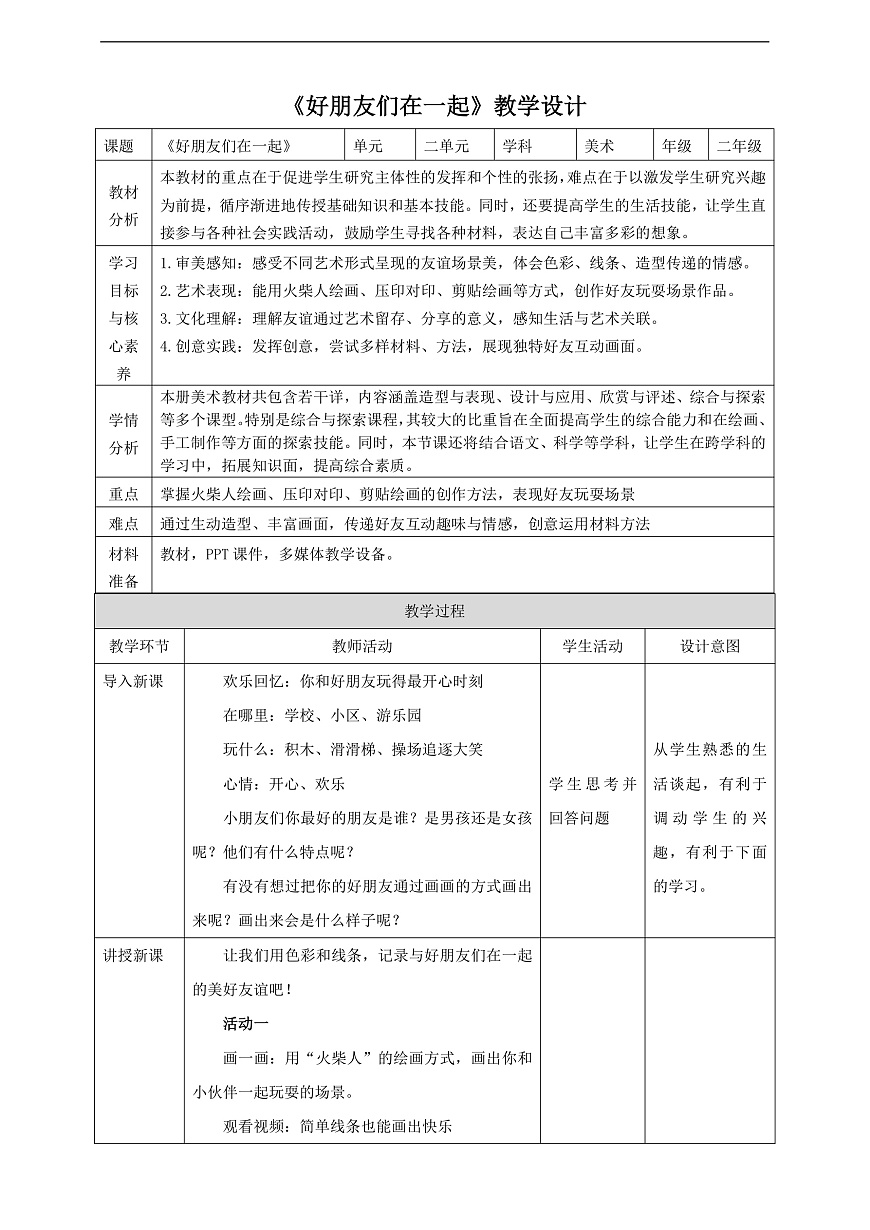 【岭南2024版】二上第二课 好朋友们在一起 核心素养教学设计第1页