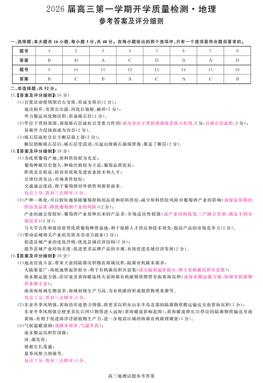 安徽省华师联盟2026届高三9月开学联考 地理评分细则第1页