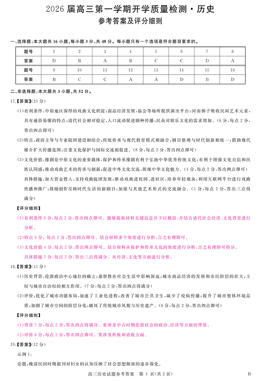 安徽省华师联盟2026届高三9月开学联考 历史评分细则第1页