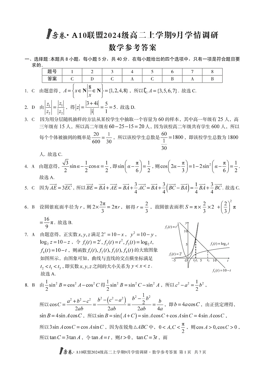 1号卷·A10联盟2024级高二上学期9月学情调研 数学答案第1页