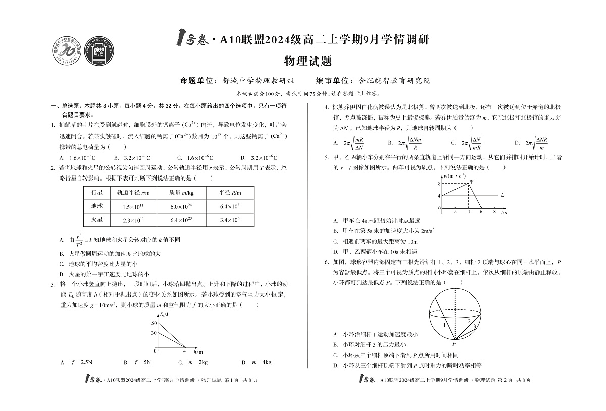 1号卷·A10联盟2024级高二上学期9月学情调研 物理第1页