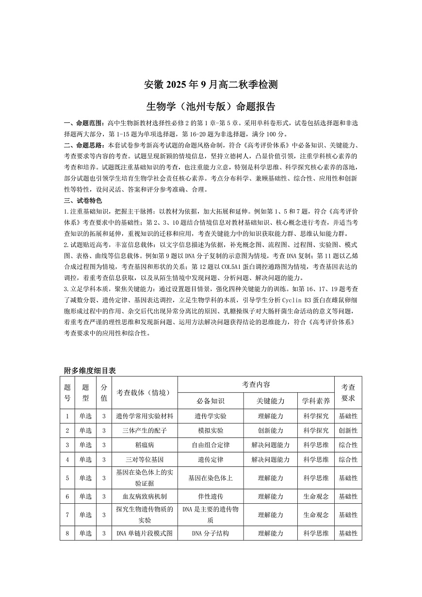 生物学池州专版安徽高二9月秋季检测命题报告第1页