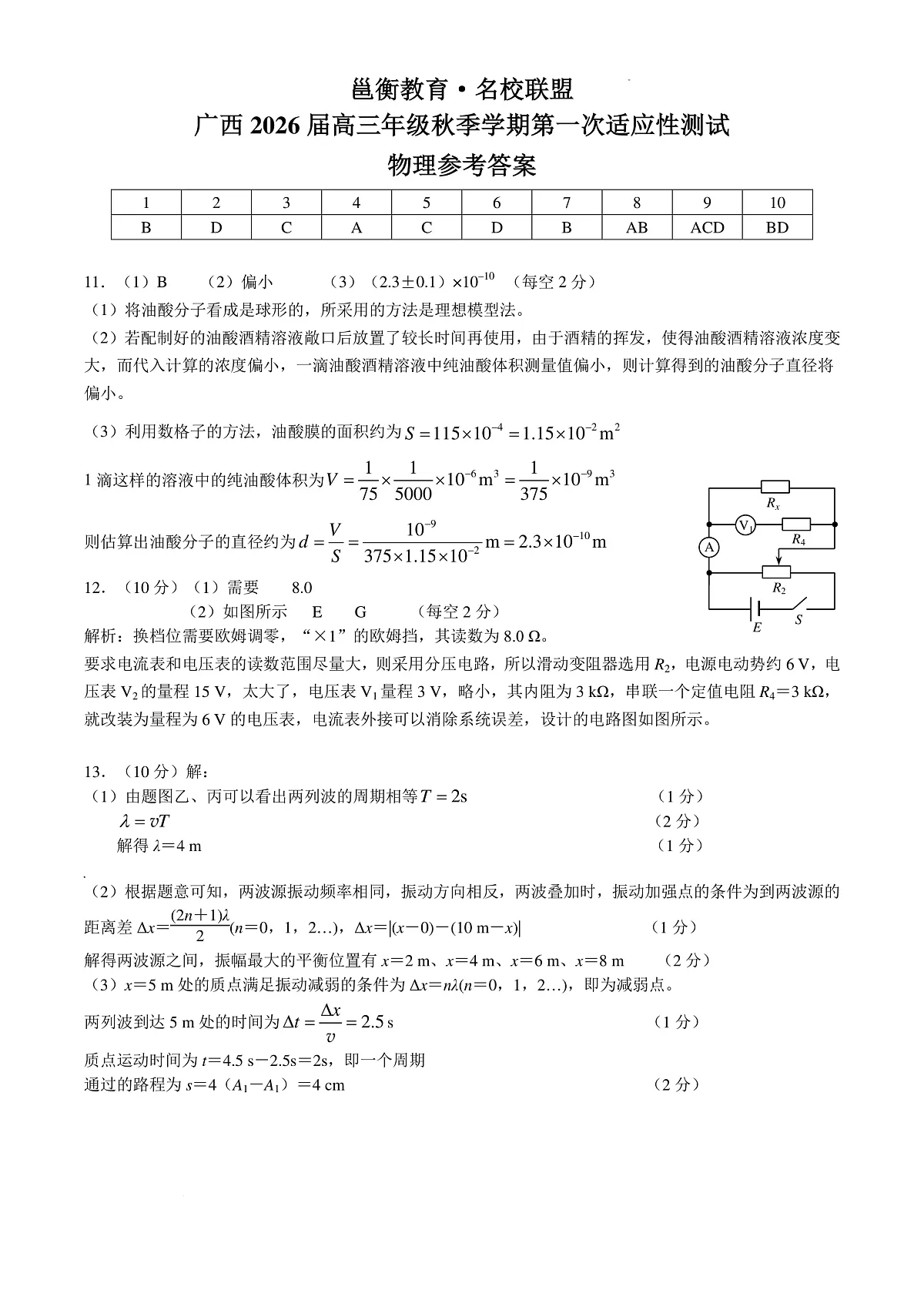 邕衡教育·名校联盟2026届高三年级秋季学期9月份联合调研测试物理答案第1页