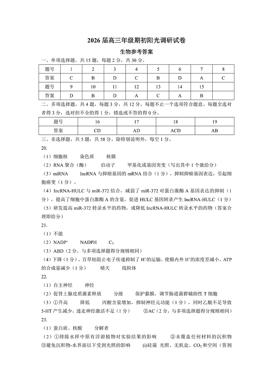 苏州市2026届高三年级期初阳光调研试卷+生物答案第1页