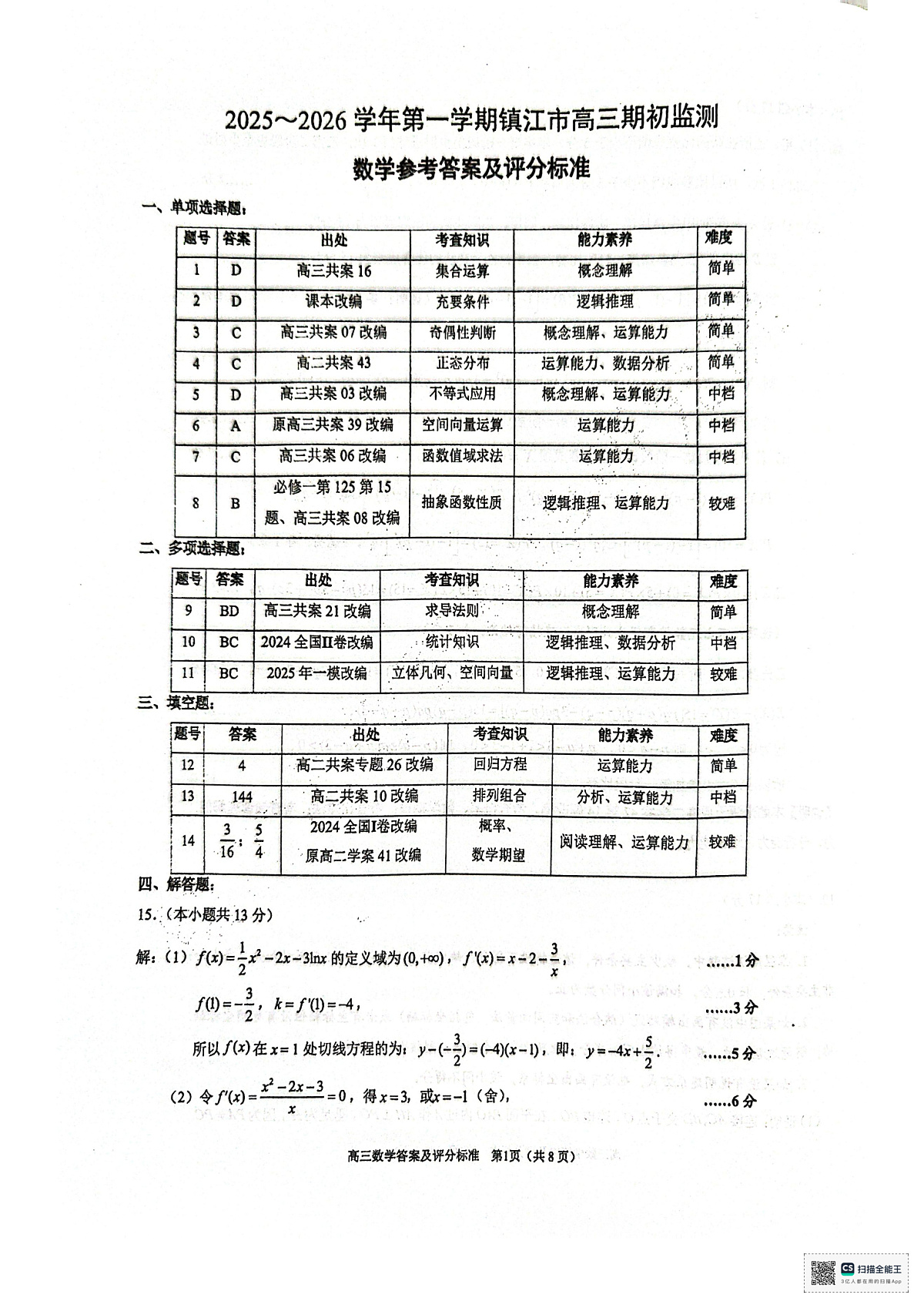 镇江市2025~2026学年第一学期高三期初监测数学答案第1页