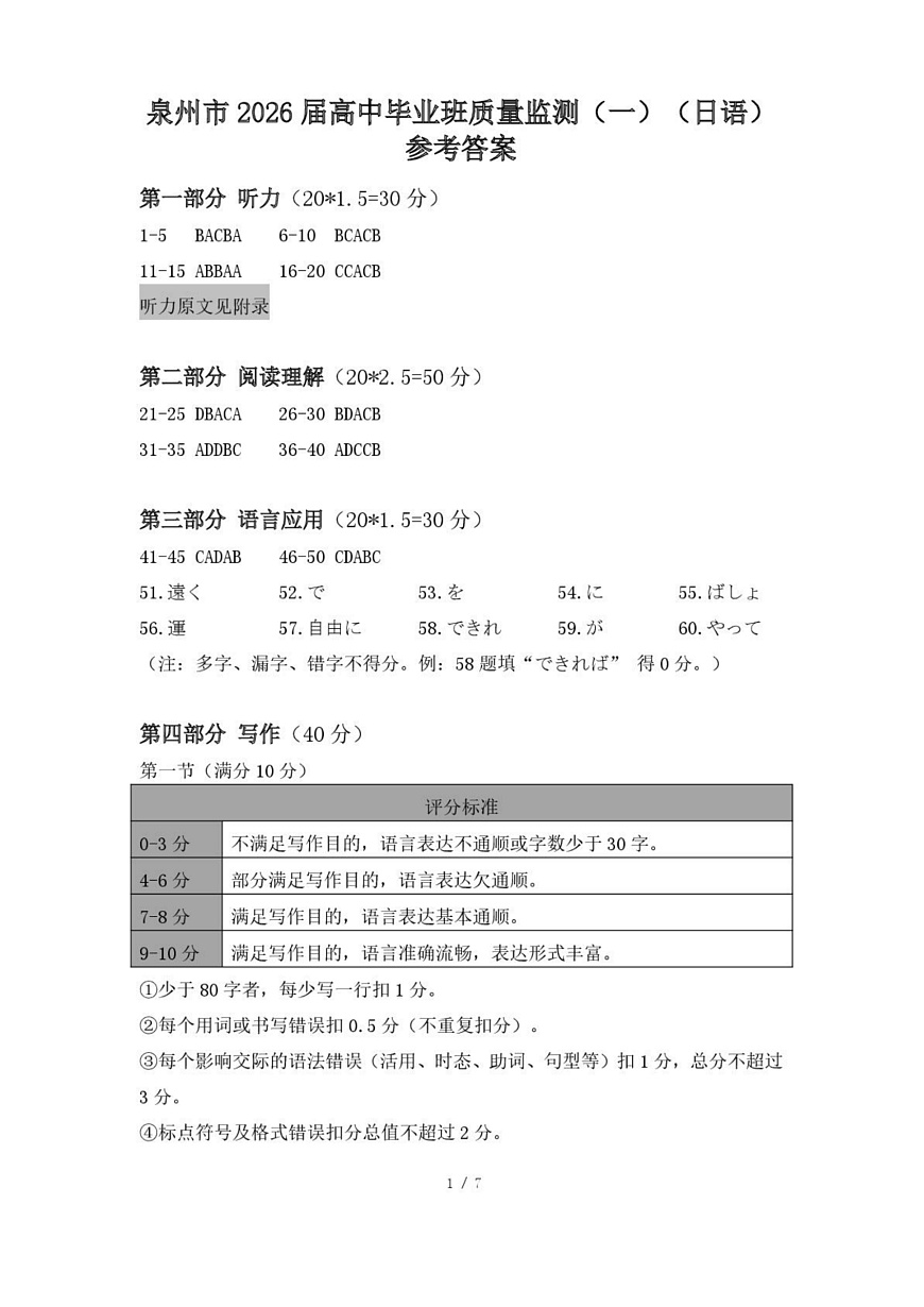 日语试卷答案第1页