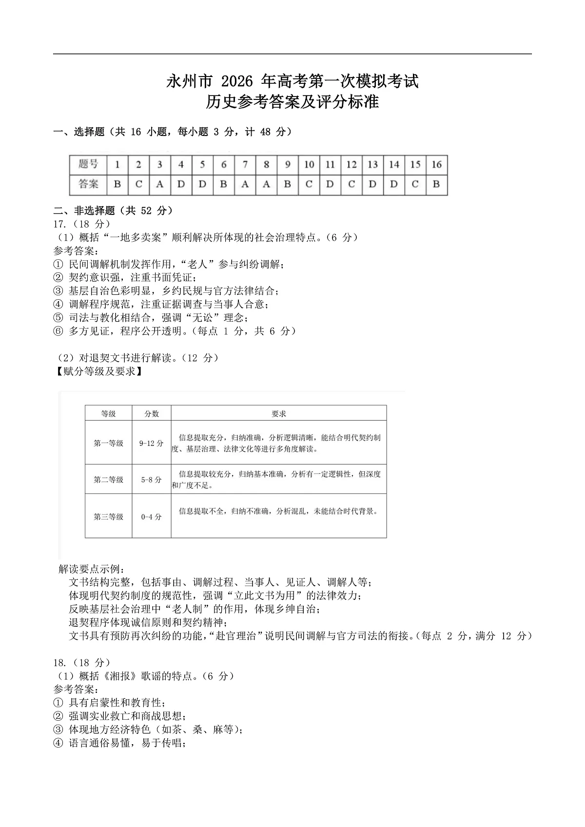 湖南省永州市2026届高三上学期第一次模拟考试历史答案第1页