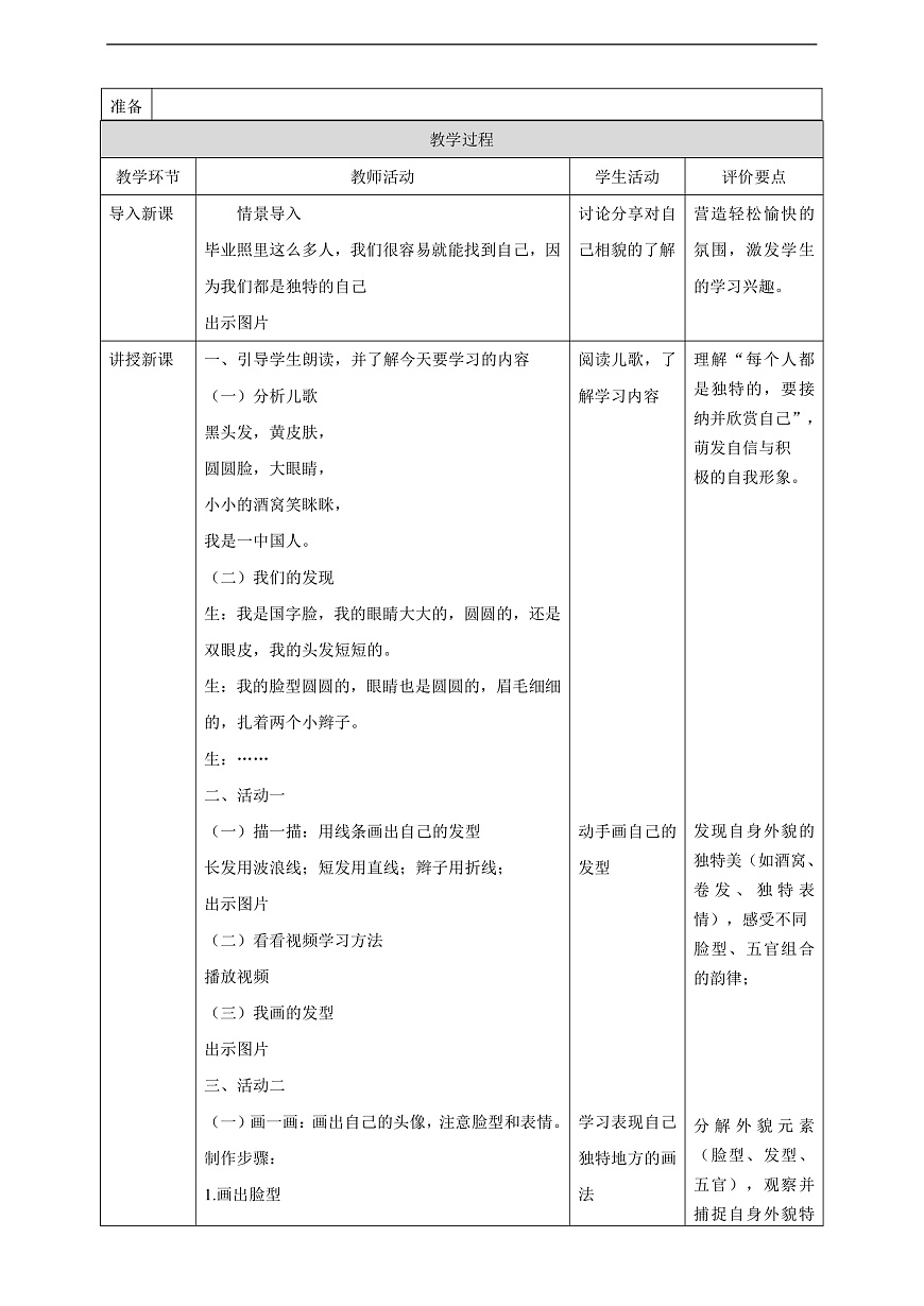 岭南美版一上   8 独特的自己  教学设计第2页