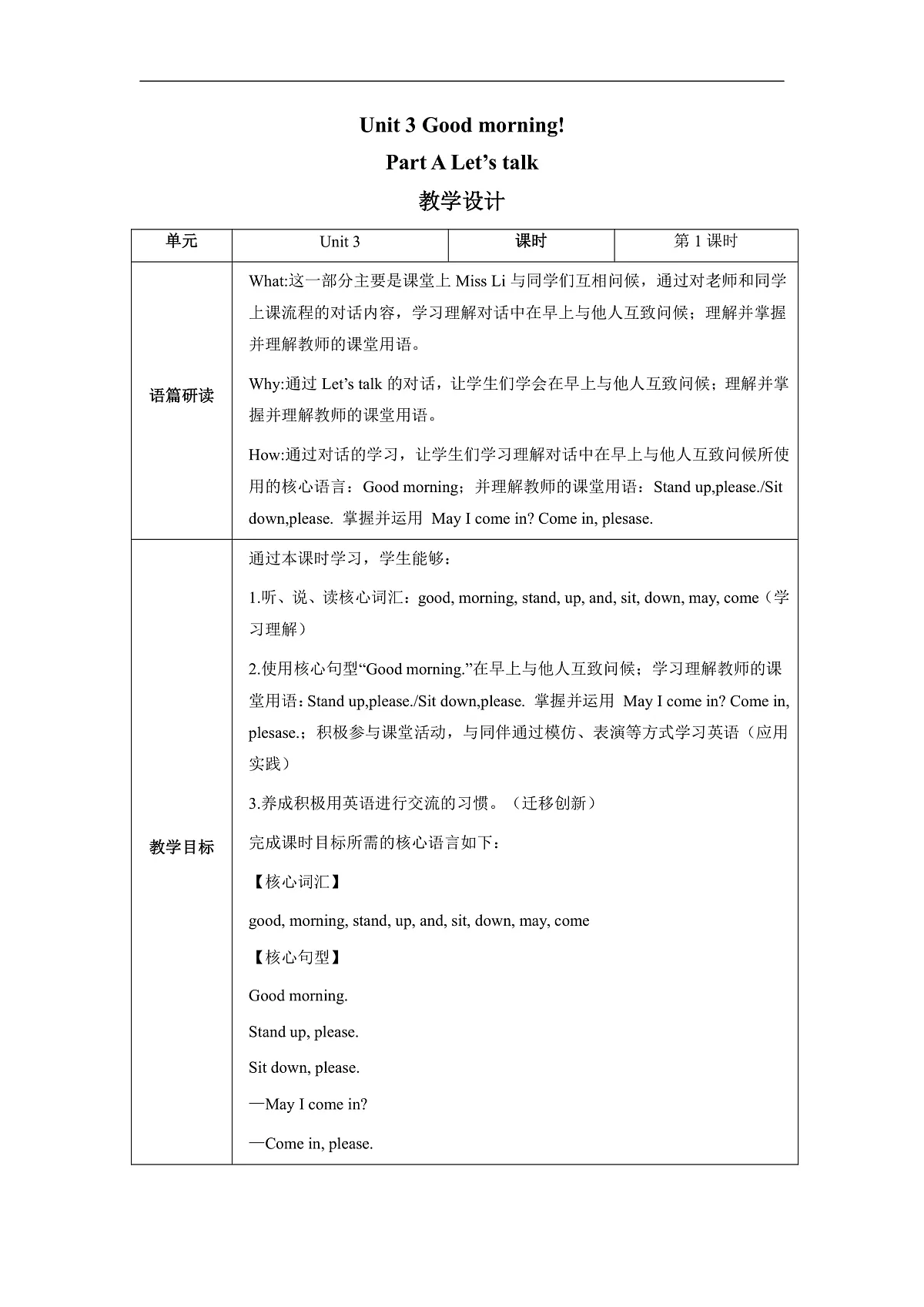 Unit 3 Good morning! Lesson 1 Part A Let’s talk 教学设计第1页