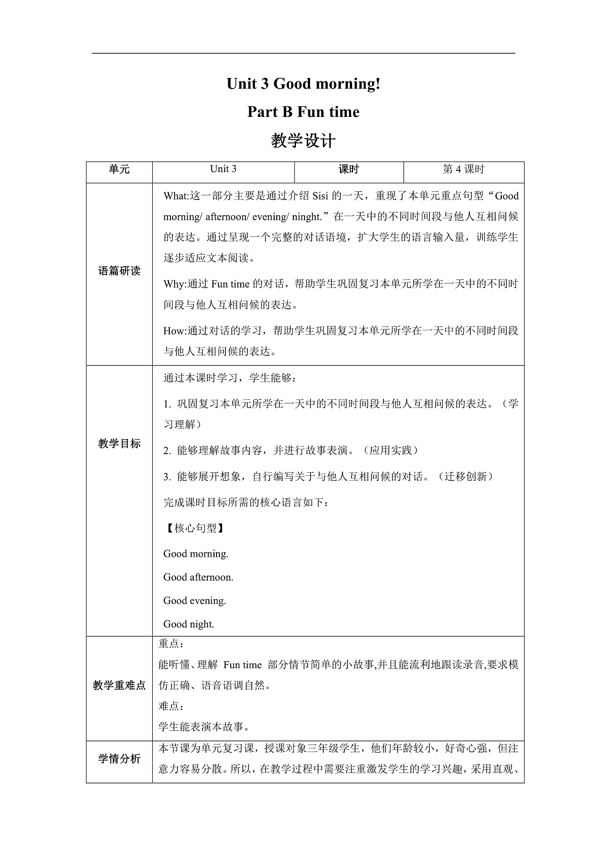 Unit 3 Good morning! Lesson 4 Part B Fun time 教学设计第1页