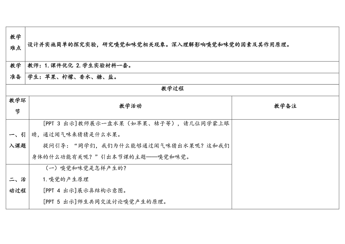 4 《嗅觉和味觉》 教学设计第2页