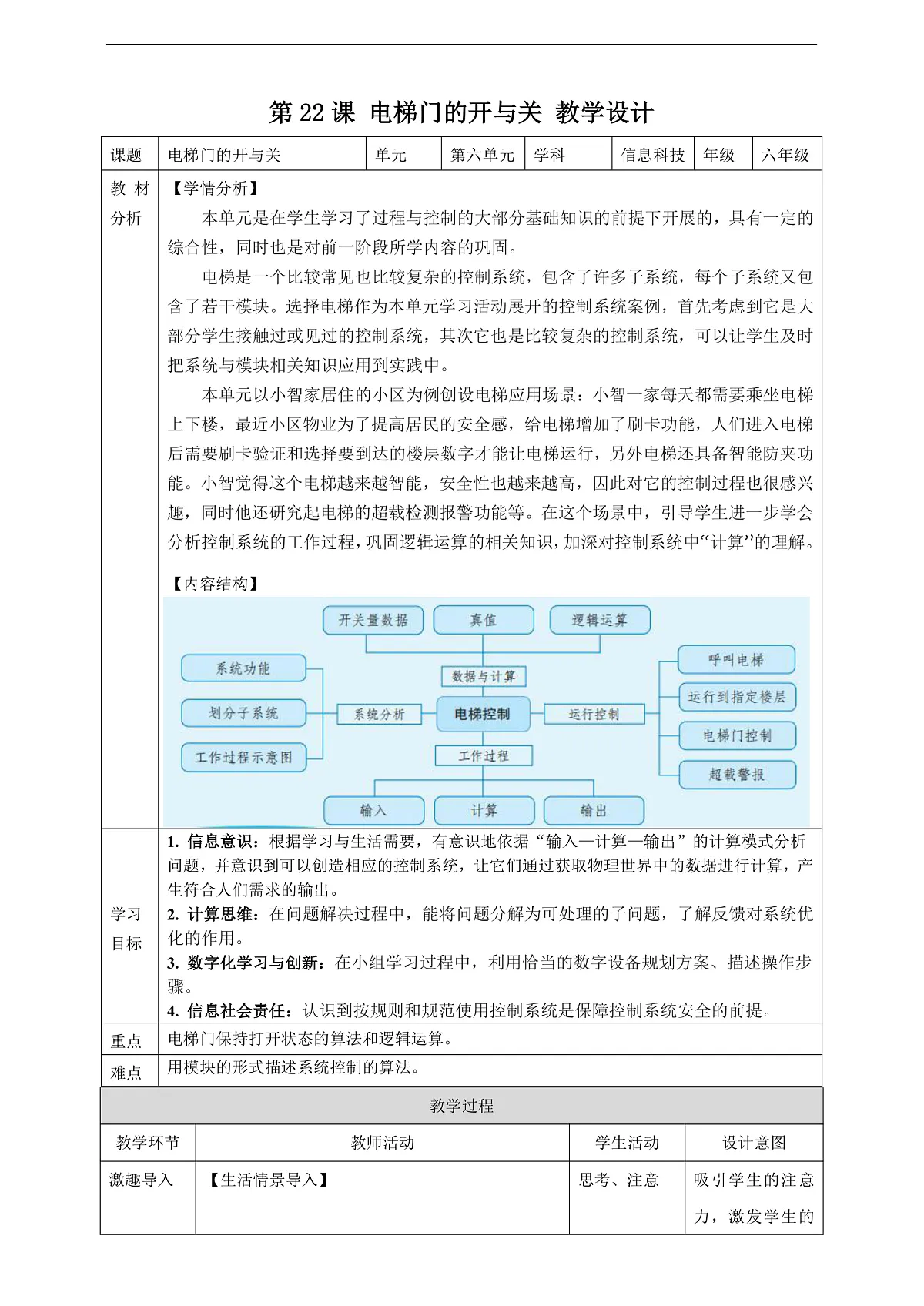第22课 电梯门的开与关 教案第1页