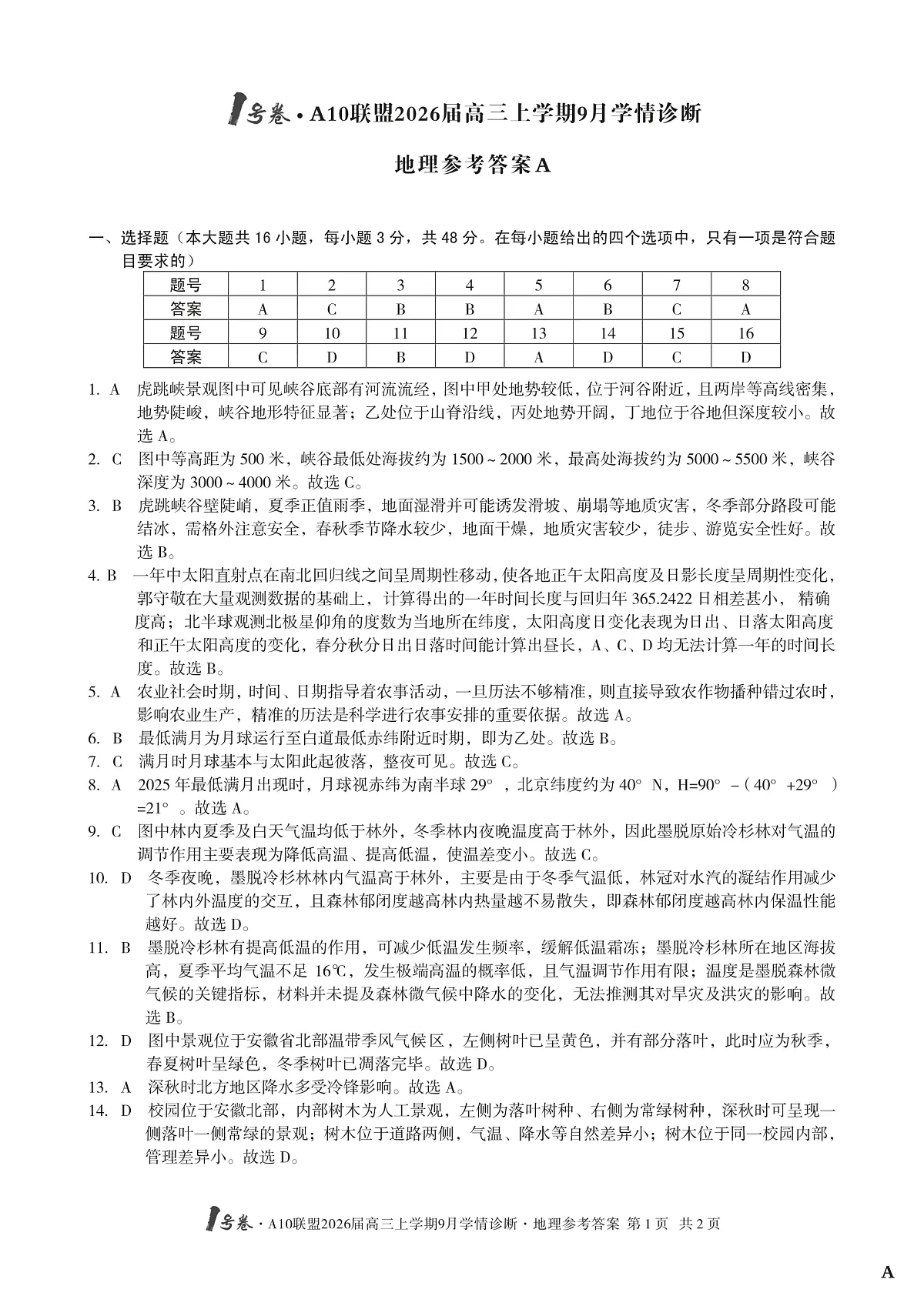 （地理A卷）1号卷·A10联盟2026届高三上学期9月学情诊断地理答案A第1页