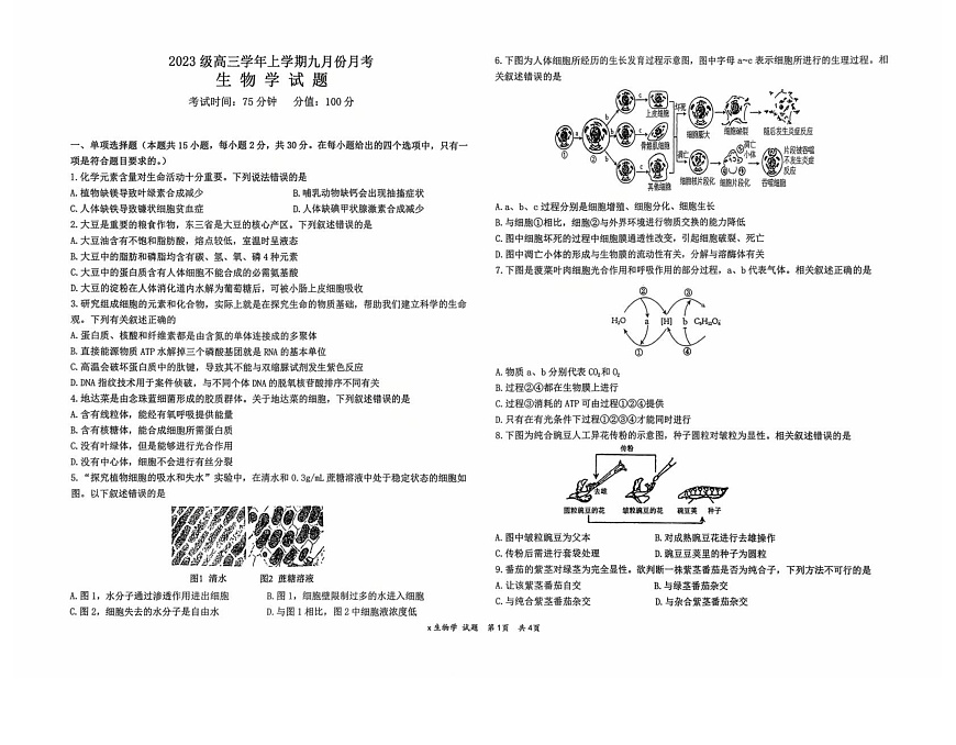 黑龙江省牡丹江市第一高级中学2026届高三上学期9月月考+生物第1页