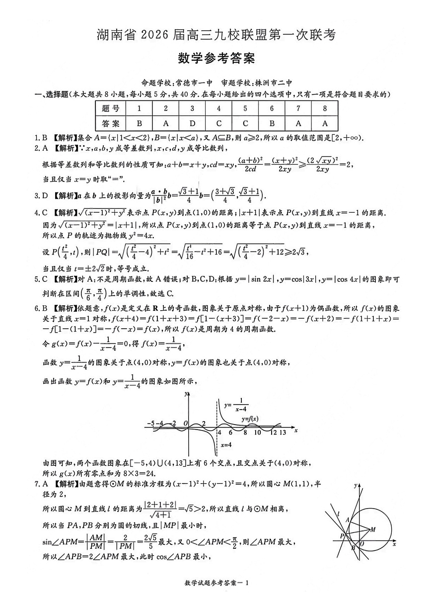 2026届湖南省高三上学期九校联盟第一次联考数学答案第1页