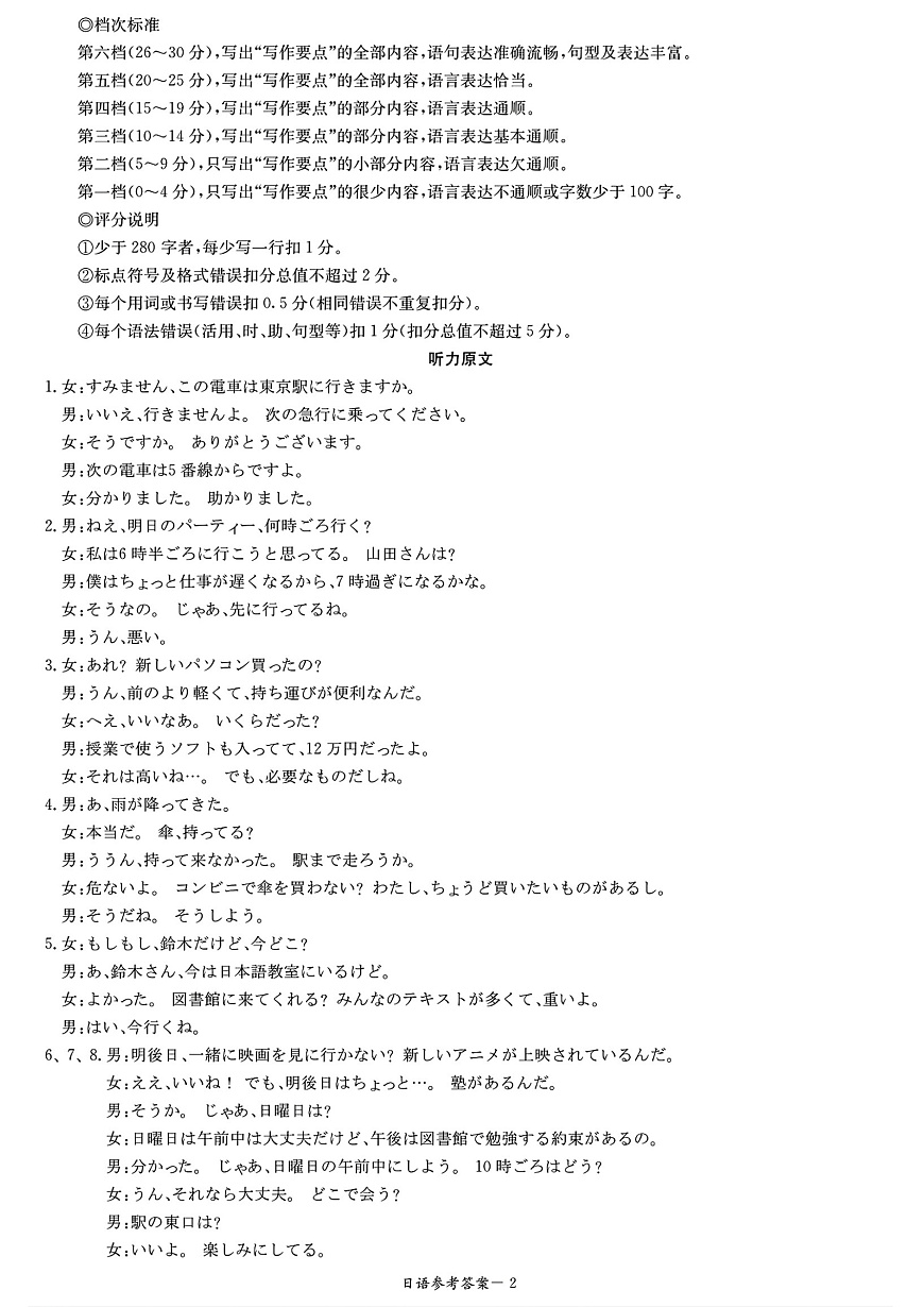 2026届湖南省高三上学期九校联盟第一次联考日语答案第2页