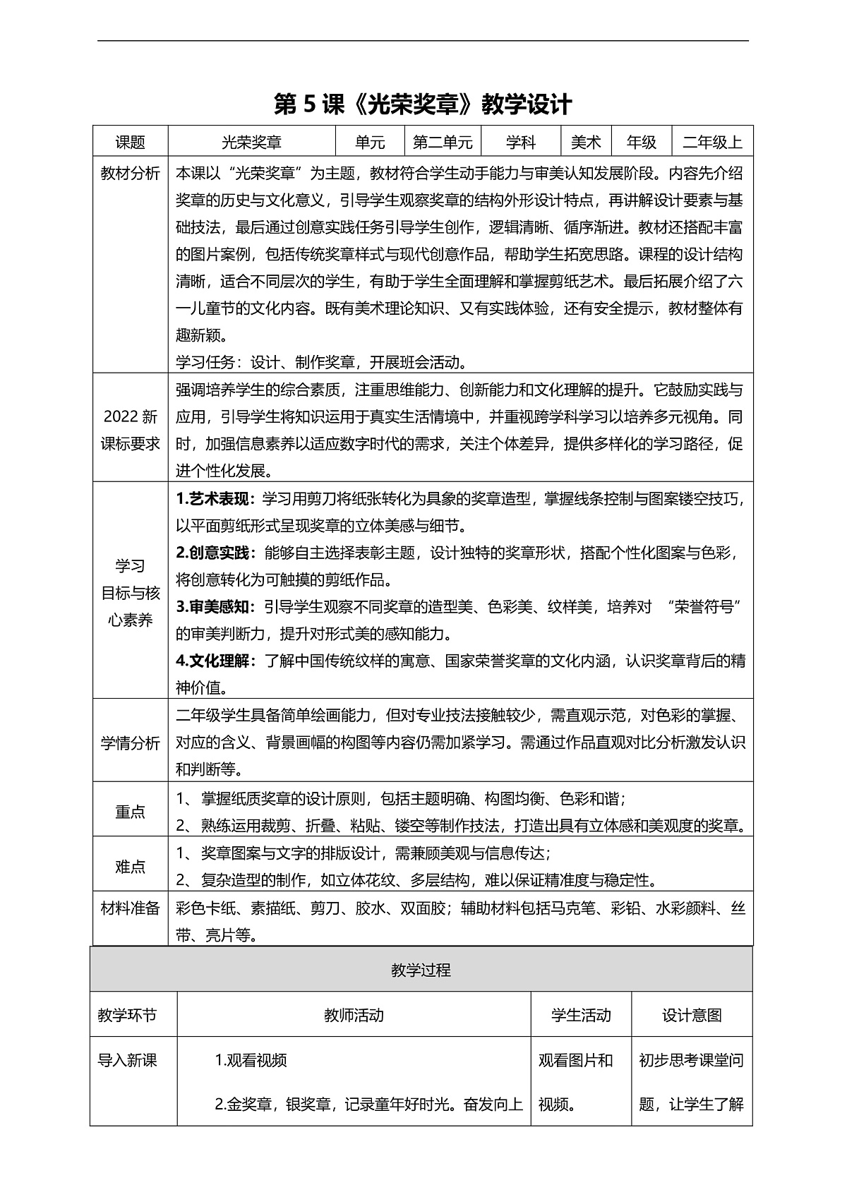 【新教材】湘美版二上 第二单元 第5课《光荣奖章》核心素养教学设计第1页