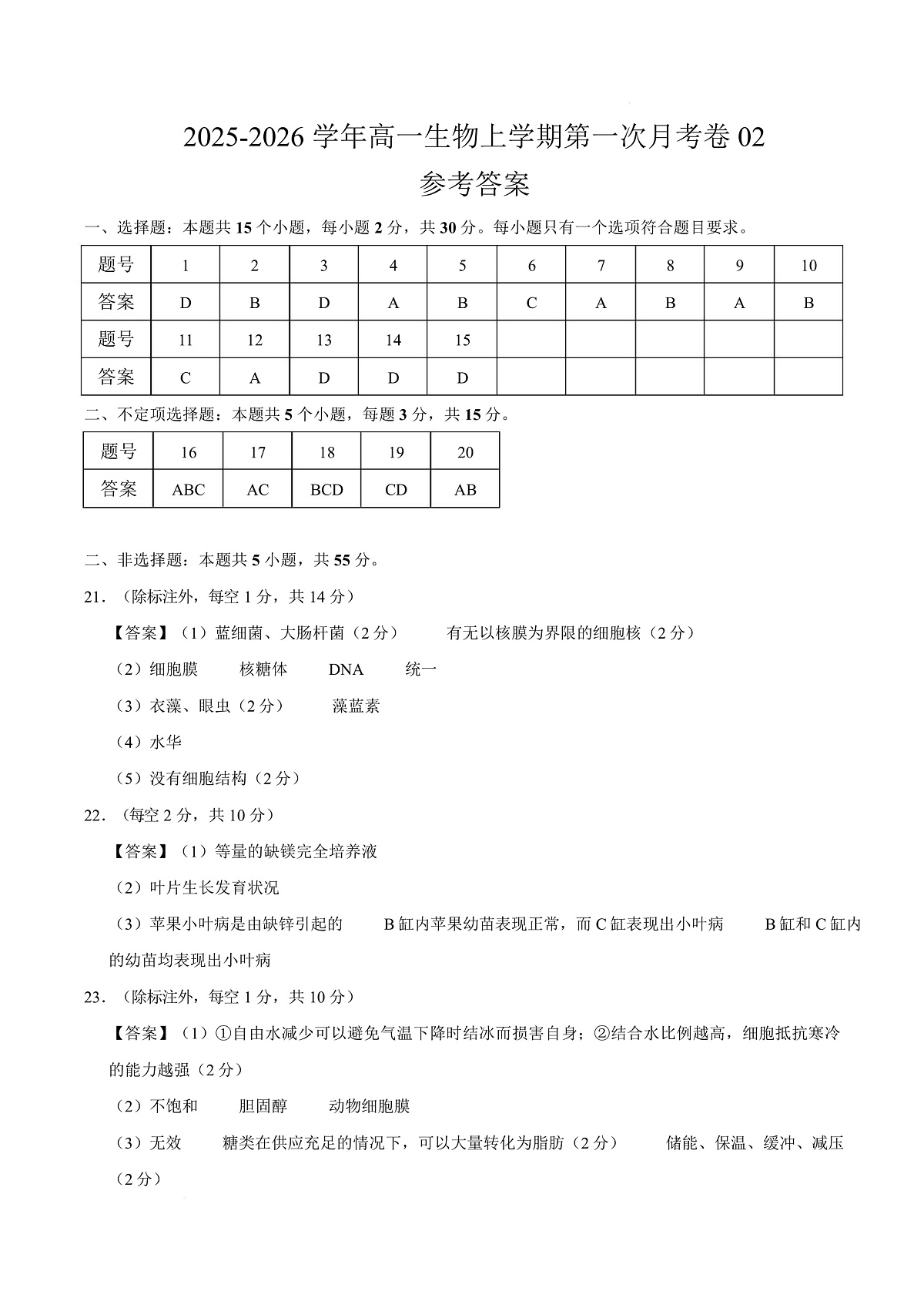 高一生物上学期第一次月考02（参考答案）（人教版2019）第1页