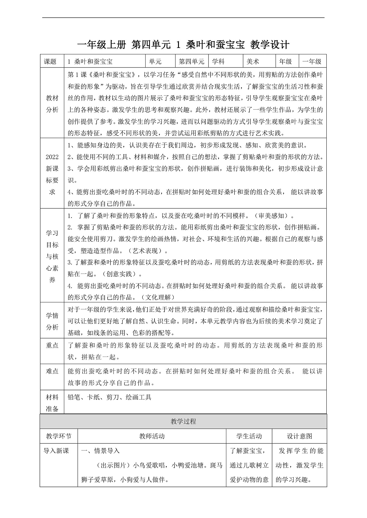 【湘版】美术 一年级上册 第四单元 1 桑叶和蚕宝宝 课时教案第1页