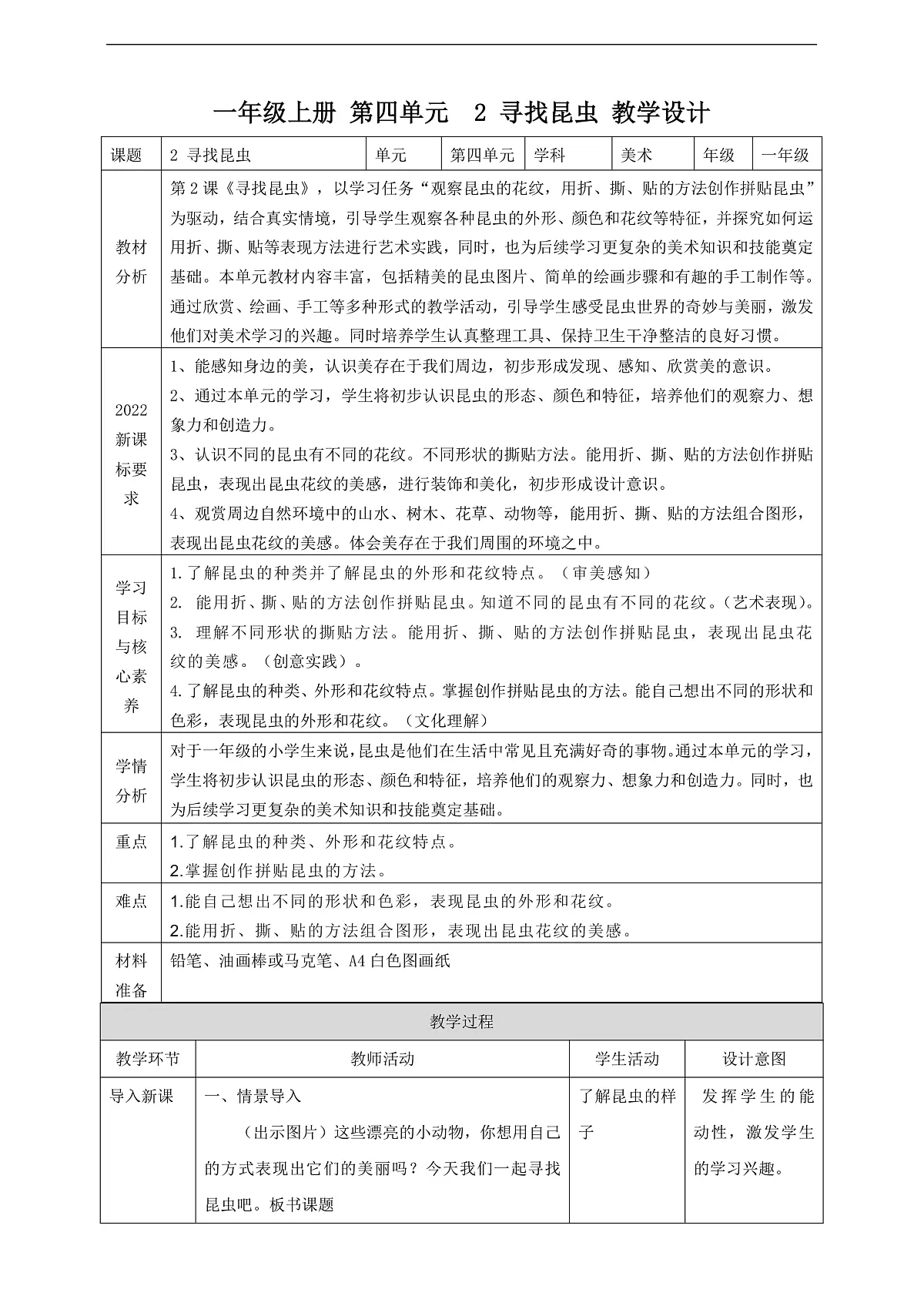 【湘版】美术 一年级上册 第四单元 2 寻找昆虫 课时教案第1页