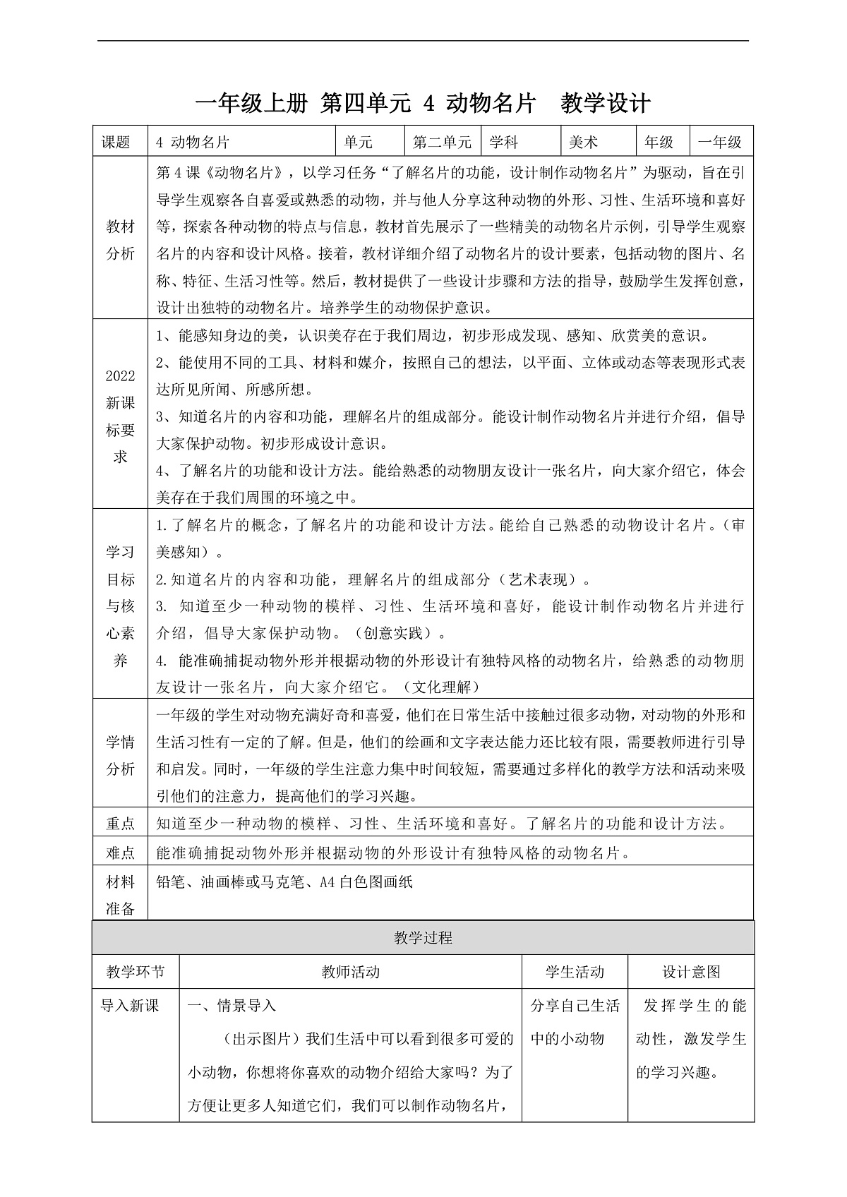 【湘版】美术 一年级上册 第四单元 4 动物名片 课时教案第1页